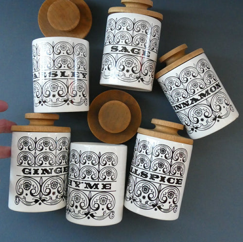 Group of SIX Vintage 1960s HORNSEA POTTERY Larger Size SPICE JARS Stylish C-Scroll Pattern