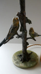 1920s AUSTRIAN Bronze Table Lamp in the Form of a Tree with Cold Painted Budgerigars. Nice Green Onyx Base