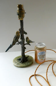 1920s AUSTRIAN Bronze Table Lamp in the Form of a Tree with Cold Painted Budgerigars. Nice Green Onyx Base