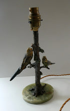 Load image into Gallery viewer, 1920s AUSTRIAN Bronze Table Lamp in the Form of a Tree with Cold Painted Budgerigars. Nice Green Onyx Base
