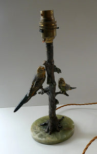 1920s AUSTRIAN Bronze Table Lamp in the Form of a Tree with Cold Painted Budgerigars. Nice Green Onyx Base