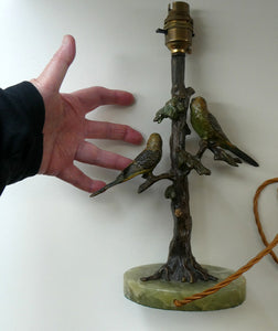 1920s AUSTRIAN Bronze Table Lamp in the Form of a Tree with Cold Painted Budgerigars. Nice Green Onyx Base