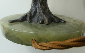 1920s AUSTRIAN Bronze Table Lamp in the Form of a Tree with Cold Painted Budgerigars. Nice Green Onyx Base