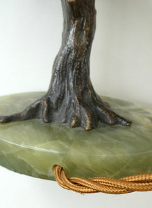 1920s AUSTRIAN Bronze Table Lamp in the Form of a Tree with Cold Painted Budgerigars. Nice Green Onyx Base