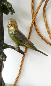 1920s AUSTRIAN Bronze Table Lamp in the Form of a Tree with Cold Painted Budgerigars. Nice Green Onyx Base