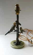 Load image into Gallery viewer, 1920s AUSTRIAN Bronze Table Lamp in the Form of a Tree with Cold Painted Budgerigars. Nice Green Onyx Base
