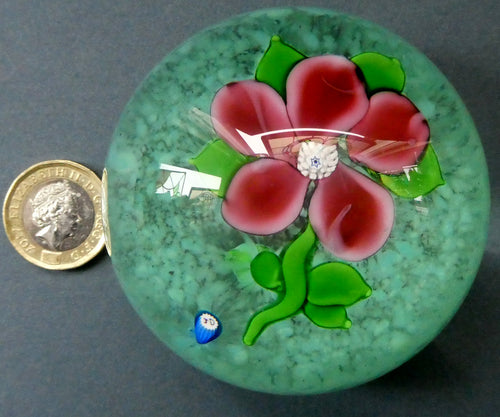 Pink Floral Lampwork Paperweight on Green Ground with JOHN DEACONS Cane