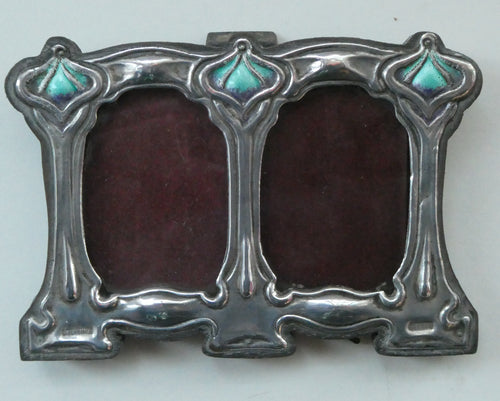 Antique Miniature Art Nouveau STERLING SILVER Double Photo Frame with Enamel Highlights