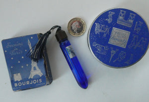 1930s ART DECO Bourjois "Evening In Paris" Miniature Perfume Bottle (Boxed). and Face Powder Box (Unused) and Fancy Long Bottle