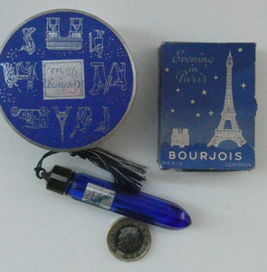 1930s ART DECO Bourjois "Evening In Paris" Miniature Perfume Bottle (Boxed). and Face Powder Box (Unused) and Fancy Long Bottle