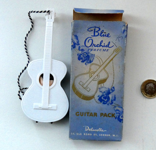 Very Rare 1930s Delavelle Blue Orchid Perfume Bottle in Novelty Guitar Case