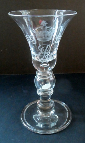 Rare KING EDWARD VII (1902) Engraved Coronation Glass with Hollow Stem Containing a Silver Three Pence Coin