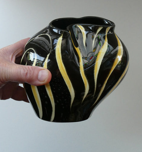 1950s Yellow & Black Striped Vase. Vintage West German 