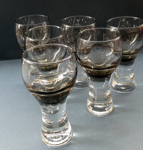 SET OF SIX Caithness CANISBAY Small Brown Coloured Glasses (Peat) Space Age Shape. 4 3/8 inches in height