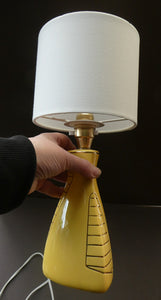 Vintage 1950s Pottery Table Lamp with White Drum Shade. Yellow Triangular Shape with Gold Decoration