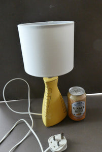 Vintage 1950s Pottery Table Lamp with White Drum Shade. Yellow Triangular Shape with Gold Decoration