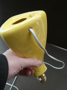 Vintage 1950s Pottery Table Lamp with White Drum Shade. Yellow Triangular Shape with Gold Decoration