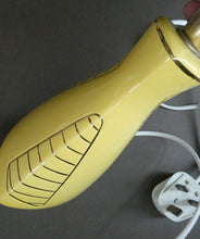 Load image into Gallery viewer, Vintage 1950s Pottery Table Lamp with White Drum Shade. Yellow Triangular Shape with Gold Decoration
