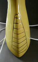 Load image into Gallery viewer, Vintage 1950s Pottery Table Lamp with White Drum Shade. Yellow Triangular Shape with Gold Decoration
