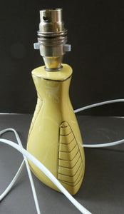 Vintage 1950s Pottery Table Lamp with White Drum Shade. Yellow Triangular Shape with Gold Decoration