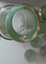 Load image into Gallery viewer, Stylish 1950s LAEKEN CRISTAL Green Frosted Glass &amp; Gold Decanter with Six Small Tumblers: Made in Belgium
