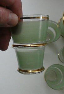 Stylish 1950s LAEKEN CRISTAL Green Frosted Glass & Gold Decanter with Six Small Tumblers: Made in Belgium