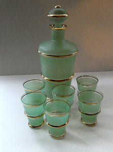 Stylish 1950s LAEKEN CRISTAL Green Frosted Glass & Gold Decanter with Six Small Tumblers: Made in Belgium