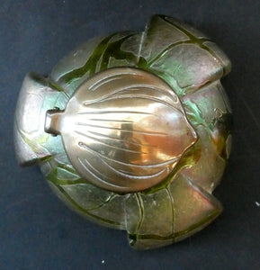 Beautiful Art Nouveau / Jugendstil Kralik Glass PAMPAS Inkwell with Lustre and Green Trail Bands, and Brass Hinged Lid