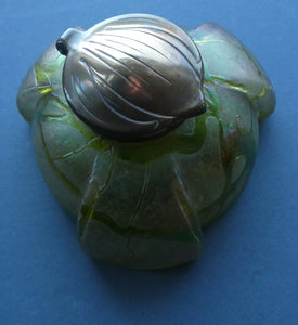 Beautiful Art Nouveau / Jugendstil Kralik Glass PAMPAS Inkwell with Lustre and Green Trail Bands, and Brass Hinged Lid