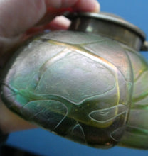 Load image into Gallery viewer, Beautiful Art Nouveau / Jugendstil Kralik Glass PAMPAS Inkwell with Lustre and Green Trail Bands, and Brass Hinged Lid
