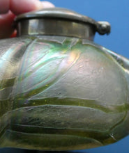 Load image into Gallery viewer, Beautiful Art Nouveau / Jugendstil Kralik Glass PAMPAS Inkwell with Lustre and Green Trail Bands, and Brass Hinged Lid
