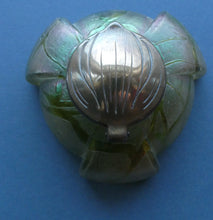 Load image into Gallery viewer, Beautiful Art Nouveau / Jugendstil Kralik Glass PAMPAS Inkwell with Lustre and Green Trail Bands, and Brass Hinged Lid
