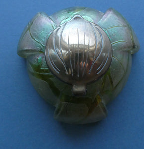 Beautiful Art Nouveau / Jugendstil Kralik Glass PAMPAS Inkwell with Lustre and Green Trail Bands, and Brass Hinged Lid