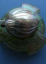 Load image into Gallery viewer, Beautiful Art Nouveau / Jugendstil Kralik Glass PAMPAS Inkwell with Lustre and Green Trail Bands, and Brass Hinged Lid
