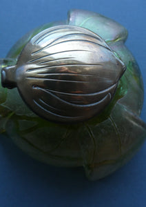 Beautiful Art Nouveau / Jugendstil Kralik Glass PAMPAS Inkwell with Lustre and Green Trail Bands, and Brass Hinged Lid