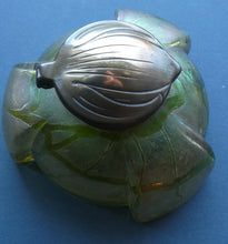 Load image into Gallery viewer, Beautiful Art Nouveau / Jugendstil Kralik Glass PAMPAS Inkwell with Lustre and Green Trail Bands, and Brass Hinged Lid
