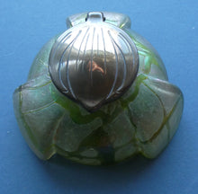 Load image into Gallery viewer, Beautiful Art Nouveau / Jugendstil Kralik Glass PAMPAS Inkwell with Lustre and Green Trail Bands, and Brass Hinged Lid
