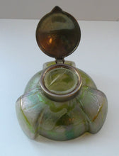 Load image into Gallery viewer, Beautiful Art Nouveau / Jugendstil Kralik Glass PAMPAS Inkwell with Lustre and Green Trail Bands, and Brass Hinged Lid
