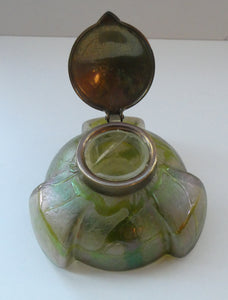 Beautiful Art Nouveau / Jugendstil Kralik Glass PAMPAS Inkwell with Lustre and Green Trail Bands, and Brass Hinged Lid