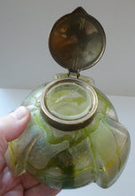 Load image into Gallery viewer, Beautiful Art Nouveau / Jugendstil Kralik Glass PAMPAS Inkwell with Lustre and Green Trail Bands, and Brass Hinged Lid
