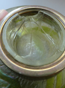 Beautiful Art Nouveau / Jugendstil Kralik Glass PAMPAS Inkwell with Lustre and Green Trail Bands, and Brass Hinged Lid