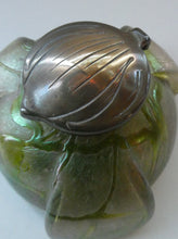 Load image into Gallery viewer, Beautiful Art Nouveau / Jugendstil Kralik Glass PAMPAS Inkwell with Lustre and Green Trail Bands, and Brass Hinged Lid
