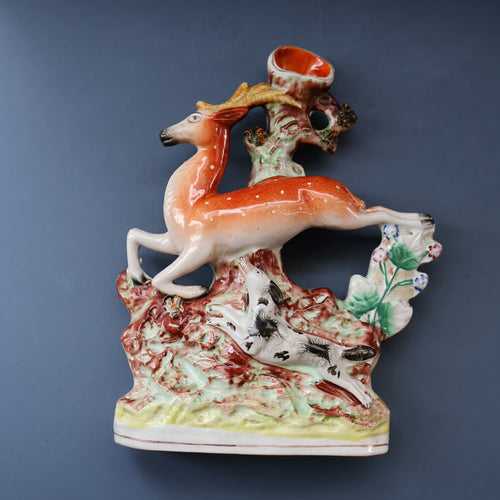 ANTIQUE 1870s Staffordshire Figurine. A Leaping Stag & Dog Spill Vase; Possibly by Sampson Smith