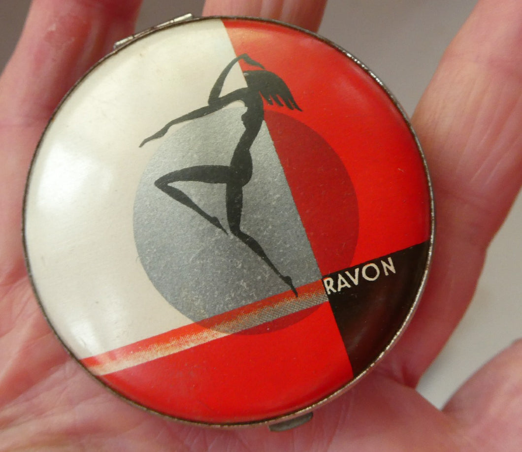 Rare 1930s ART DECO Miniature Powder Compact by RAVON / CUSSONS. Dancing Lady on Lid