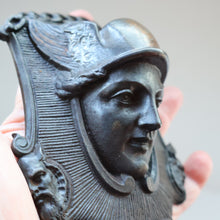 Load image into Gallery viewer, Strange Antique German Wall Pocket Match Holder. Cast Iron with Head of a Valkyrie 
