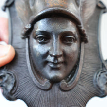 Load image into Gallery viewer, Strange Antique German Wall Pocket Match Holder. Cast Iron with Head of a Valkyrie 
