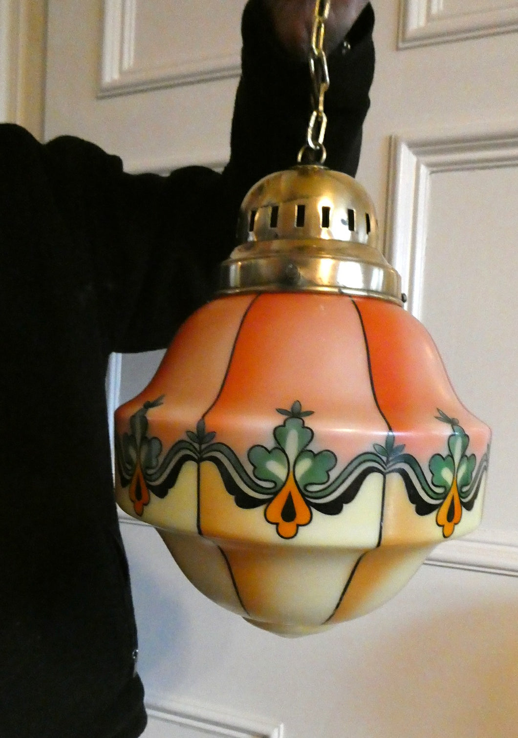 Early 20th Century Continental ART NOUVEAU / JUGENDSTIL Glass Hanging Light with Brass Fittings