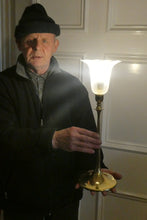 Load image into Gallery viewer, Antique Arts and Crafts Brass Lamp and Opaque White Glass Shade. DRYAD of Leicester Style
