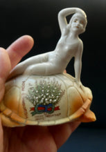 Load image into Gallery viewer, 1920s GERMAN Souvenir. Bathing Belle Riding on the Back of a Turtle. Lucky White Heather Ware Figurine EDINBURGH Location
