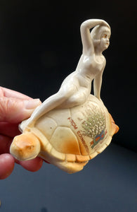 1920s GERMAN Souvenir. Bathing Belle Riding on the Back of a Turtle. Lucky White Heather Ware Figurine EDINBURGH Location